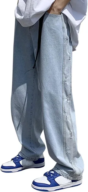 Men's Baggy Jeans Straight Wide Leg Relaxed Fit Classic Denim Pants Zip Up Vintage Hip Hop Denim Trousers Streetwear