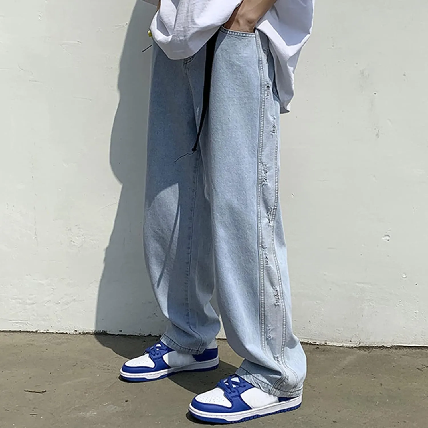 Men's Baggy Jeans Straight Wide Leg Relaxed Fit Classic Denim Pants Zip Up Vintage Hip Hop Denim Trousers Streetwear