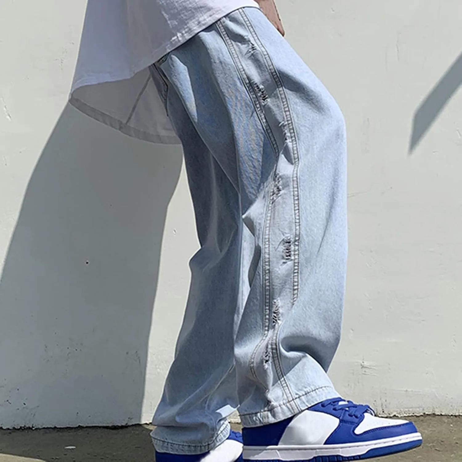Men's Baggy Jeans Straight Wide Leg Relaxed Fit Classic Denim Pants Zip Up Vintage Hip Hop Denim Trousers Streetwear