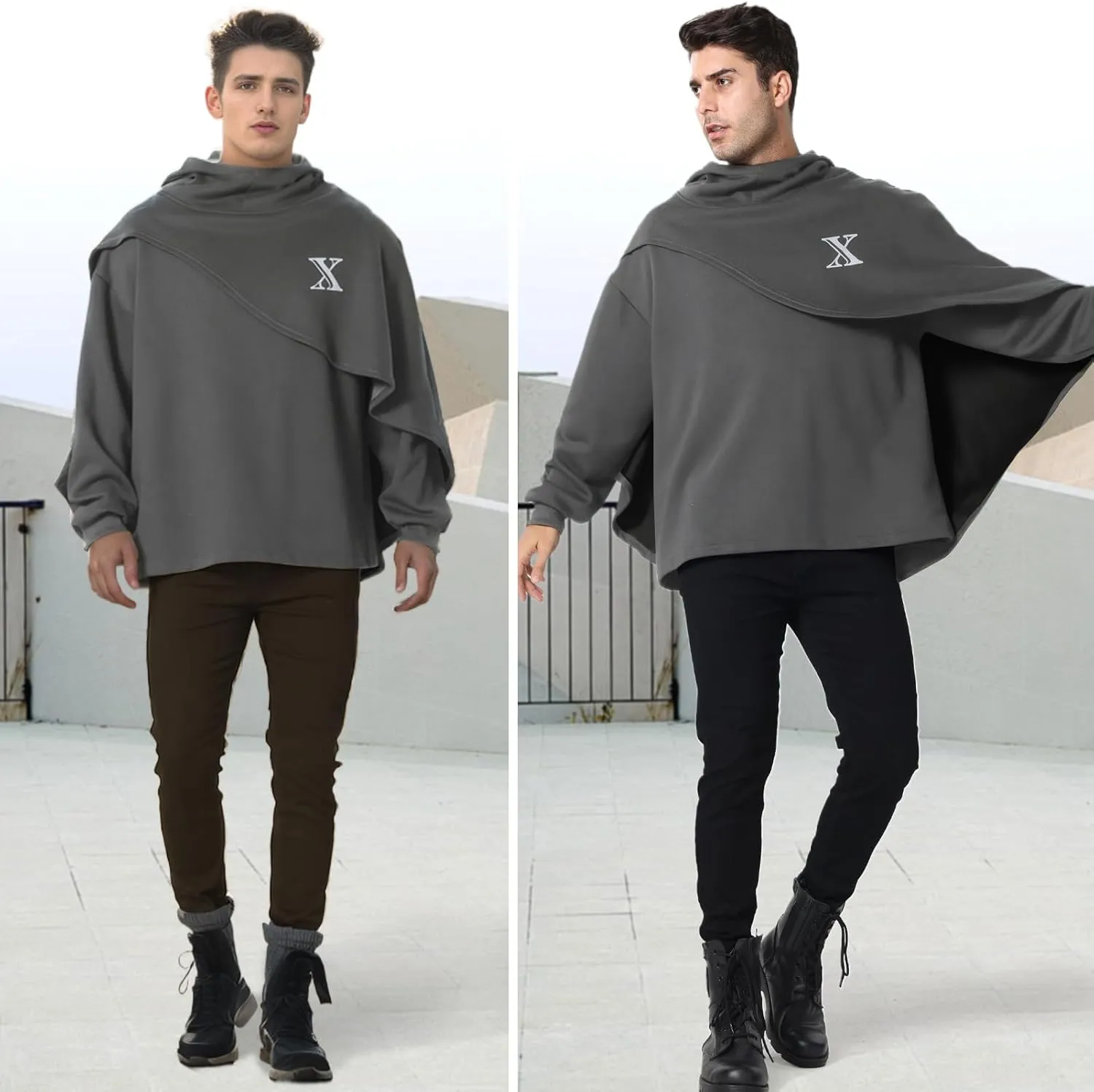 Men's Fashion Hoodie Poncho Cape Cloak Techwear Sweatshirts Unisex Lightweight Patchwork Casual Pullover