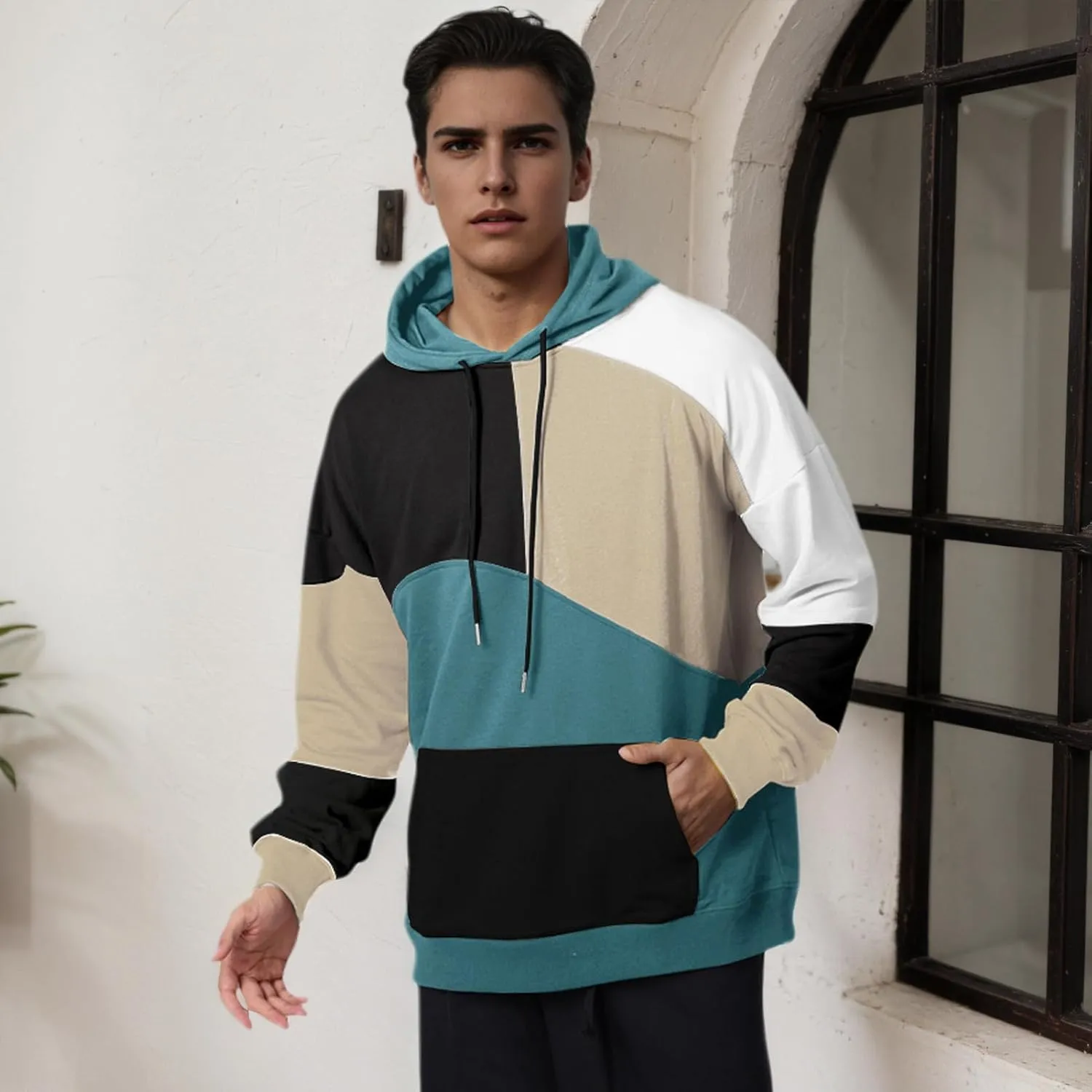Men's Fashion Hoodies Techwear Color Block Long Sleeve Sweatshirts Unisex Lightweight Colourful Hoodie Pullover