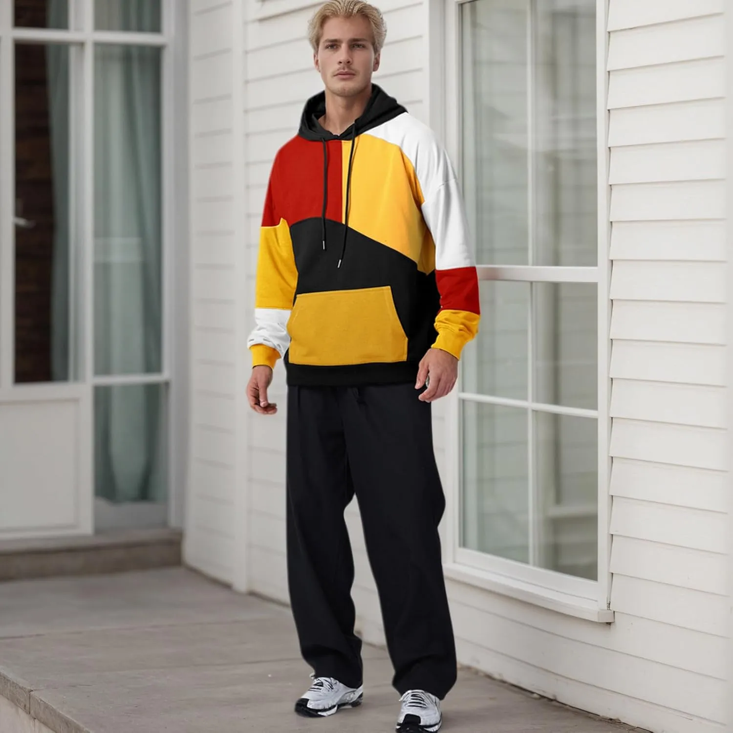 Men's Fashion Hoodies Techwear Color Block Long Sleeve Sweatshirts Unisex Lightweight Colourful Hoodie Pullover