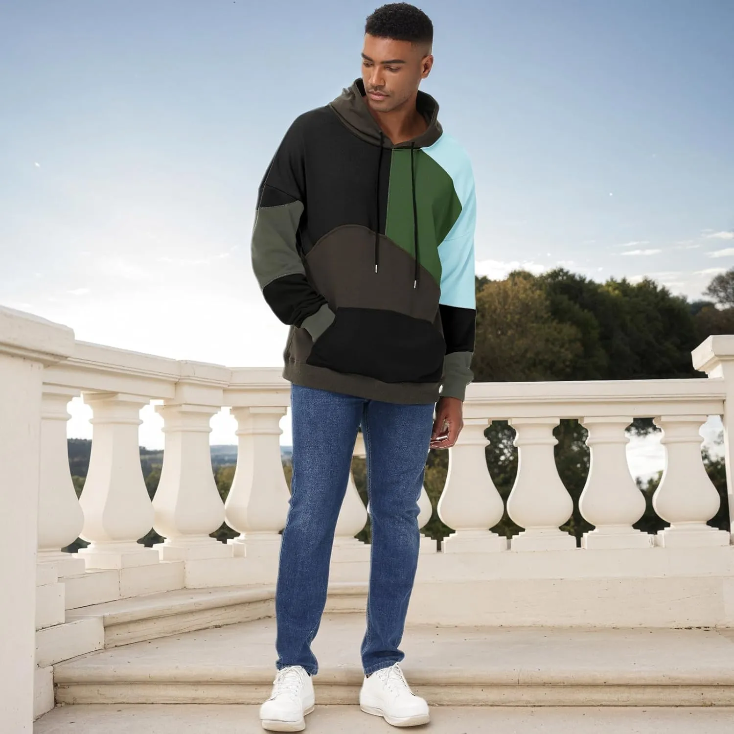 Men's Fashion Hoodies Techwear Color Block Long Sleeve Sweatshirts Unisex Lightweight Colourful Hoodie Pullover