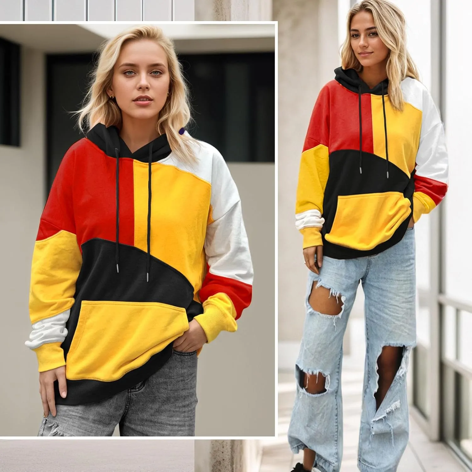 Men's Fashion Hoodies Techwear Color Block Long Sleeve Sweatshirts Unisex Lightweight Colourful Hoodie Pullover