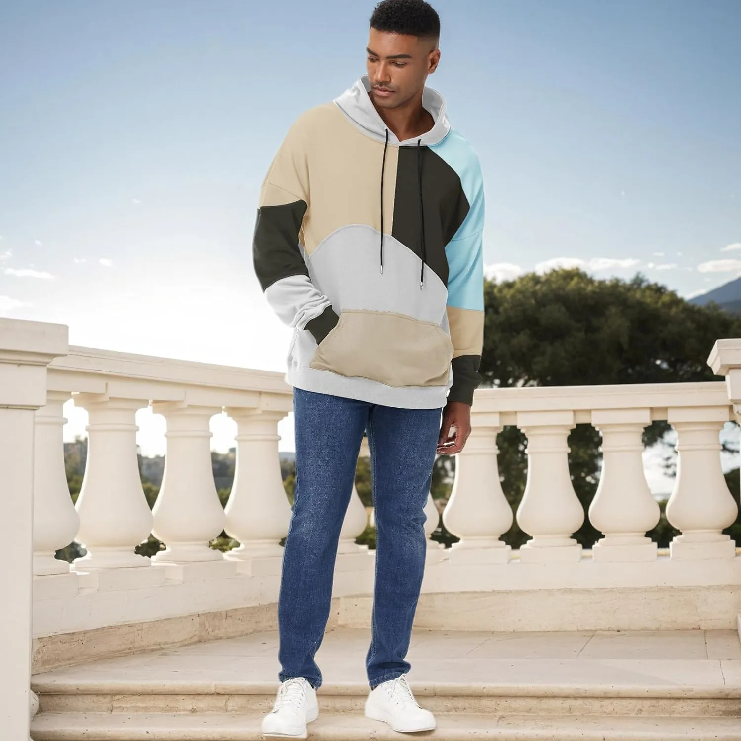 Men's Fashion Hoodies Techwear Color Block Long Sleeve Sweatshirts Unisex Lightweight Colourful Hoodie Pullover