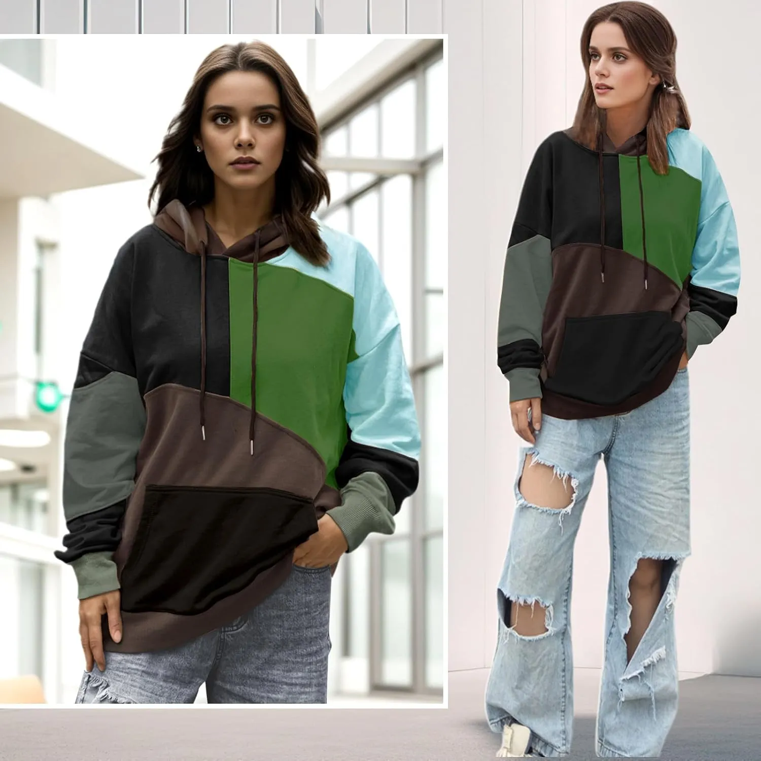 Men's Fashion Hoodies Techwear Color Block Long Sleeve Sweatshirts Unisex Lightweight Colourful Hoodie Pullover