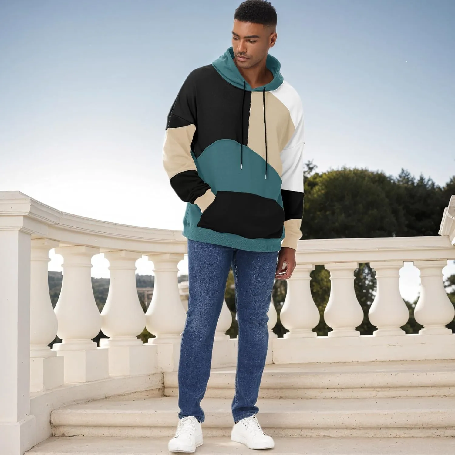 Men's Fashion Hoodies Techwear Color Block Long Sleeve Sweatshirts Unisex Lightweight Colourful Hoodie Pullover