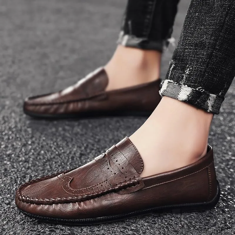 Mens Loafers Shoe Round Toe PU Leather Penny Loafers Comfortable Resistant Flexible Party Outdoor Slip On