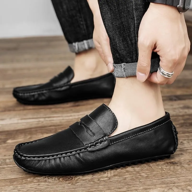 Mens Loafers Shoe Solid Color Leather Penny Driving Loafers Flat Heel Lightweight Flexible Outdoor Prom Slip On