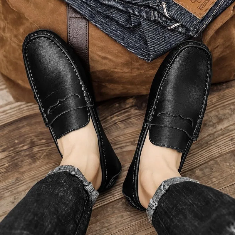 Mens Loafers Shoe Solid Color Leather Penny Driving Loafers Flat Heel Lightweight Flexible Outdoor Prom Slip On