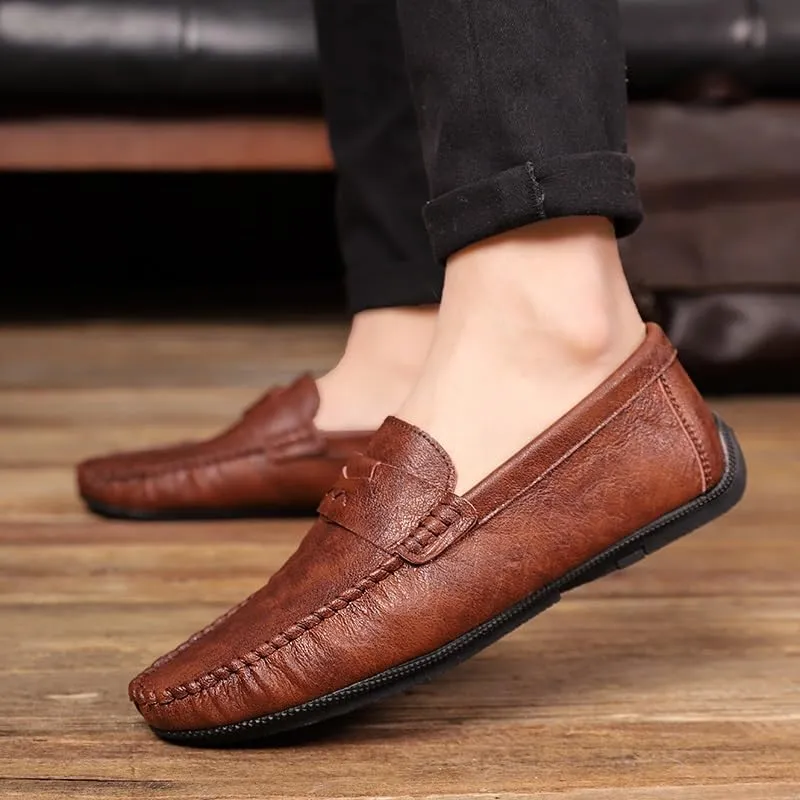 Mens Loafers Shoe Solid Color Round Toe Penny Loafers Flexible Comfortable Flat Heel Walking Slip-ons
