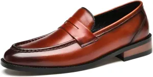 Men's Loafers Shoes Genuine Leather Burnished Toe Penny Loafers Anti-Slip Flexible Lightweight Classic Slip-on