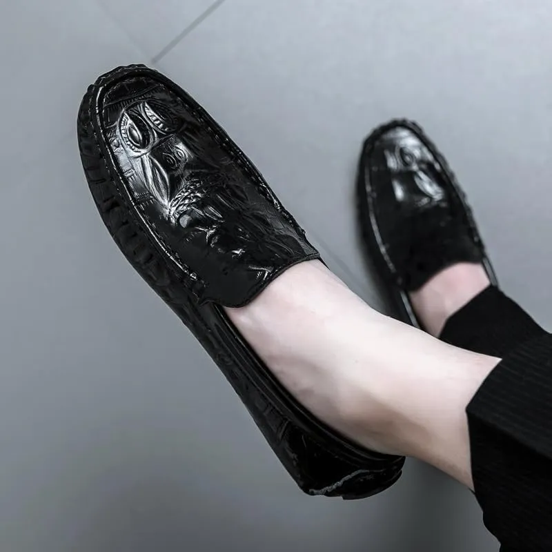 Men's Loafers Shoes Round Toe Crocodile Print Faux Leather Driving Loafers Anti-Slip Lightweight Flexible Fashion Slip-ons