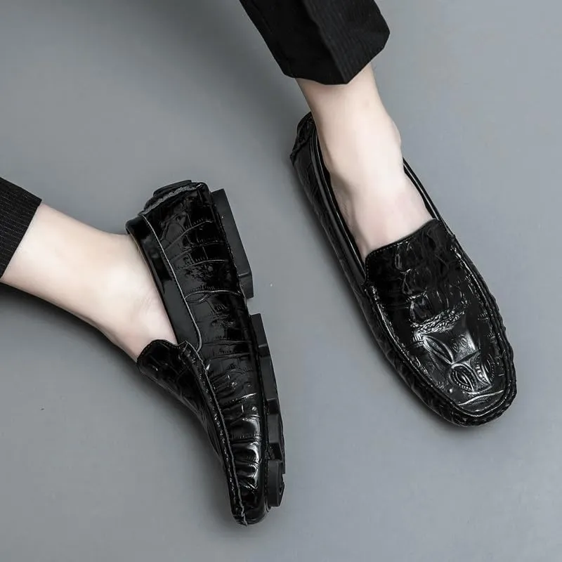 Men's Loafers Shoes Round Toe Crocodile Print Faux Leather Driving Loafers Anti-Slip Lightweight Flexible Fashion Slip-ons
