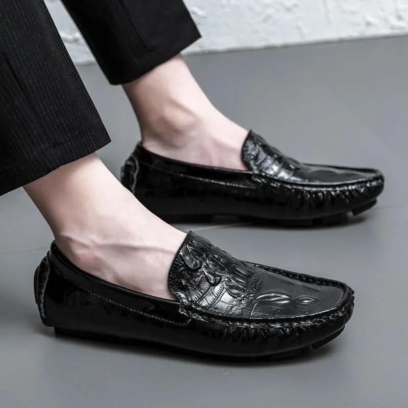 Men's Loafers Shoes Round Toe Crocodile Print Faux Leather Driving Loafers Anti-Slip Lightweight Flexible Fashion Slip-ons