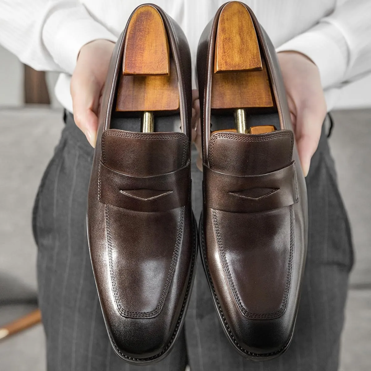 Men's Loafers Square Toe Genuine Leather Penny Oxford Loafer Shoes Slip Resistant Lightweight Flexible Wedding Walking Slip-on