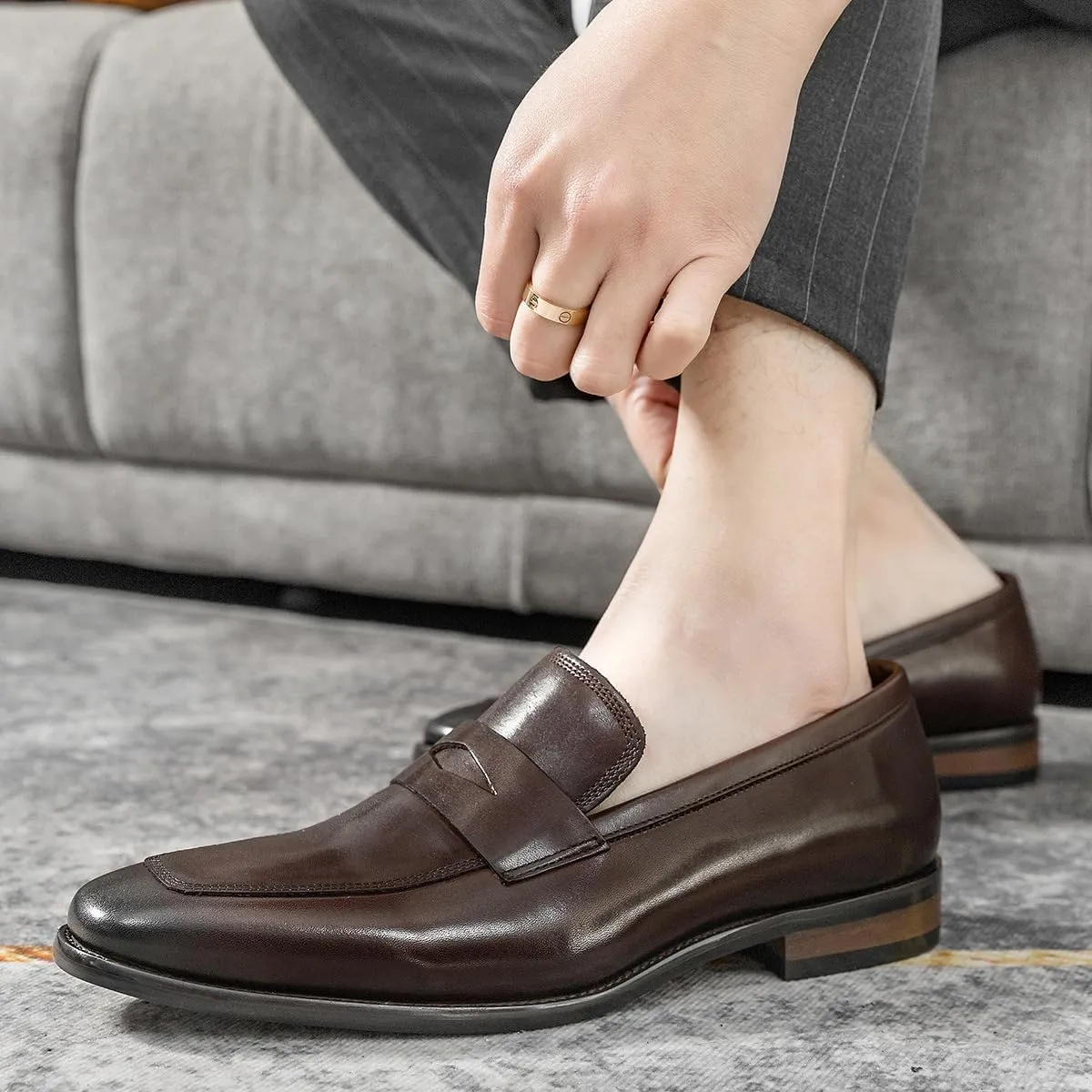 Men's Loafers Square Toe Genuine Leather Penny Oxford Loafer Shoes Slip Resistant Lightweight Flexible Wedding Walking Slip-on