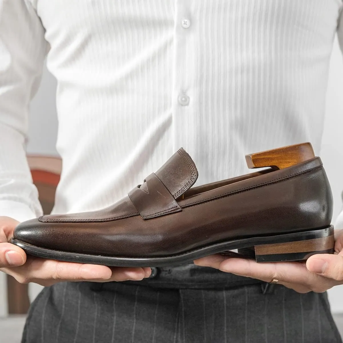 Men's Loafers Square Toe Genuine Leather Penny Oxford Loafer Shoes Slip Resistant Lightweight Flexible Wedding Walking Slip-on