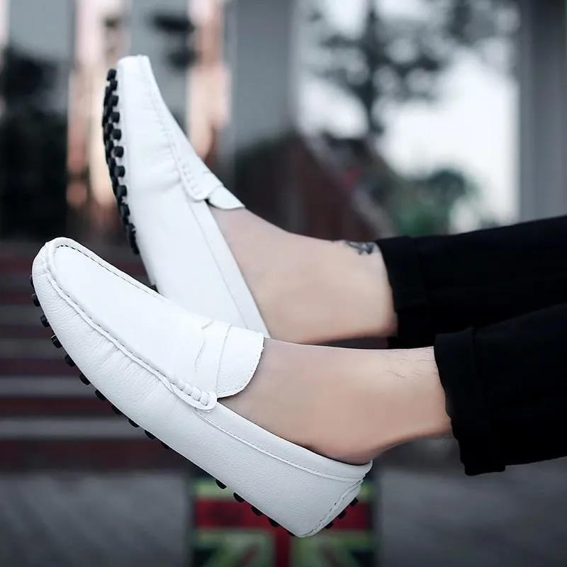 Mens Loafers Square Toe PU Leather Penny Driving Loafers Anti-Slip Flexible Comfortable Casual Wedding Slip On(Color:White,Size:7.5)