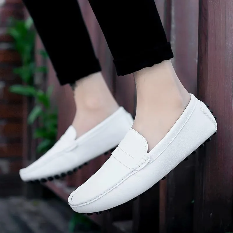 Mens Loafers Square Toe PU Leather Penny Driving Loafers Anti-Slip Flexible Comfortable Casual Wedding Slip On(Color:White,Size:7.5)