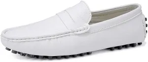 Mens Loafers Square Toe PU Leather Penny Driving Loafers Anti-Slip Flexible Comfortable Casual Wedding Slip On(Color:White,Size:7.5)