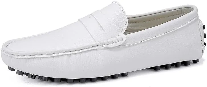 Mens Loafers Square Toe PU Leather Penny Driving Loafers Anti-Slip Flexible Comfortable Casual Wedding Slip On(Color:White,Size:7.5)