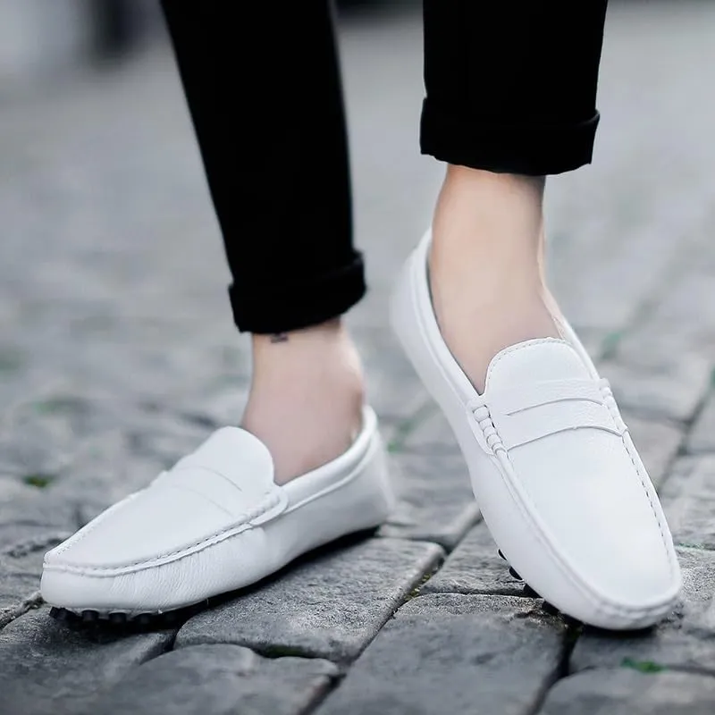 Mens Loafers Square Toe PU Leather Penny Driving Loafers Anti-Slip Flexible Comfortable Casual Wedding Slip On(Color:White,Size:7.5)