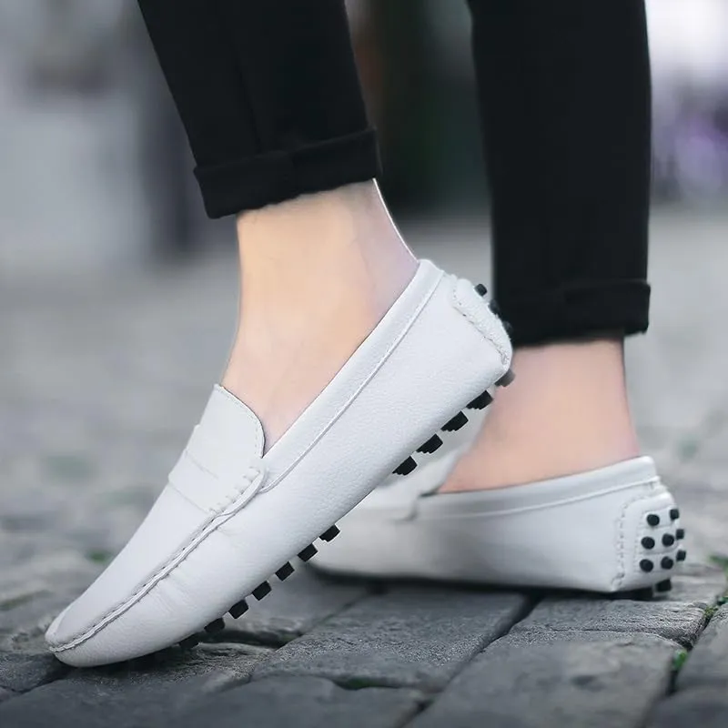Mens Loafers Square Toe PU Leather Penny Driving Loafers Anti-Slip Flexible Comfortable Casual Wedding Slip On(Color:White,Size:7.5)