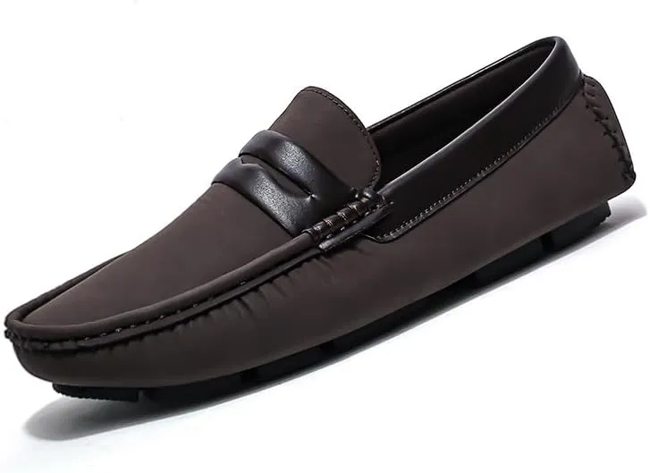 Men's Loafers Square Toe PU Leather Penny Driving Loafers Flat Heel Anti-Slip Flexible Walking Outdoor Slip On