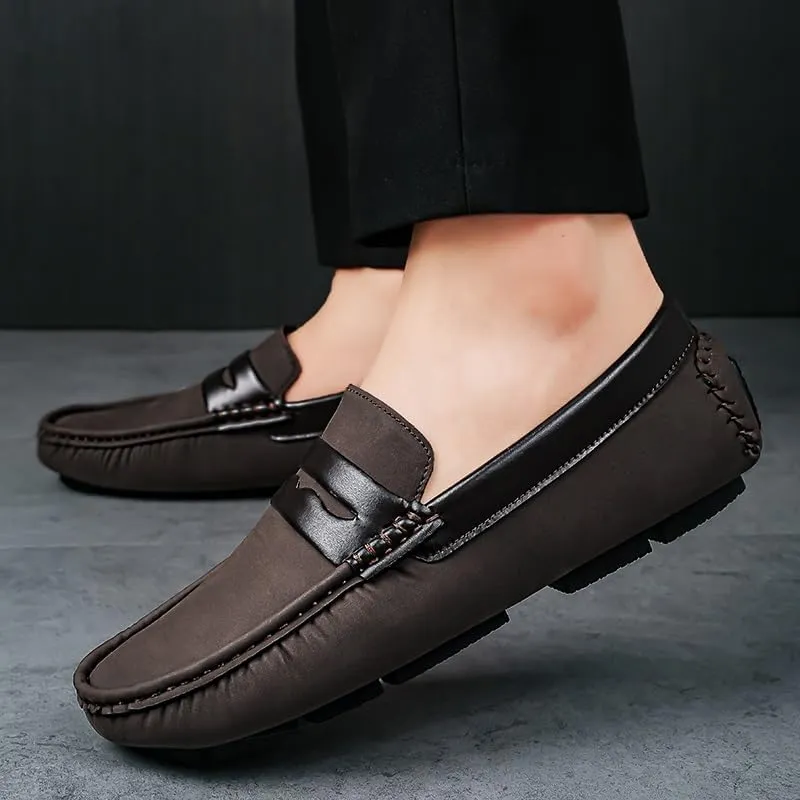 Men's Loafers Square Toe PU Leather Penny Driving Loafers Flat Heel Anti-Slip Flexible Walking Outdoor Slip On