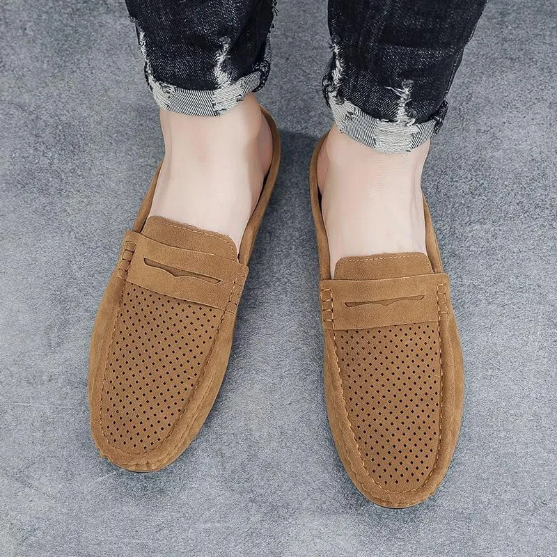 Mens Loafers Suede Vamp Perforated Half Penny Loafers Shoes Comfortable Anti-Slip Flexible Party Slip On