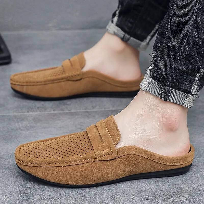 Mens Loafers Suede Vamp Perforated Half Penny Loafers Shoes Comfortable Anti-Slip Flexible Party Slip On