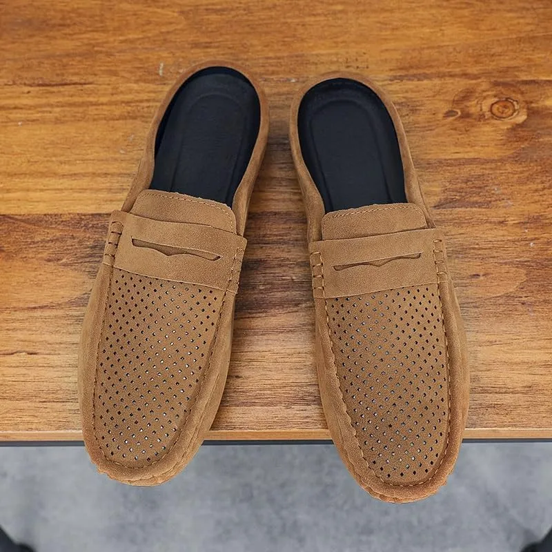 Mens Loafers Suede Vamp Perforated Half Penny Loafers Shoes Comfortable Anti-Slip Flexible Party Slip On
