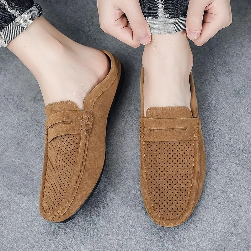 Mens Loafers Suede Vamp Perforated Half Penny Loafers Shoes Comfortable Anti-Slip Flexible Party Slip On
