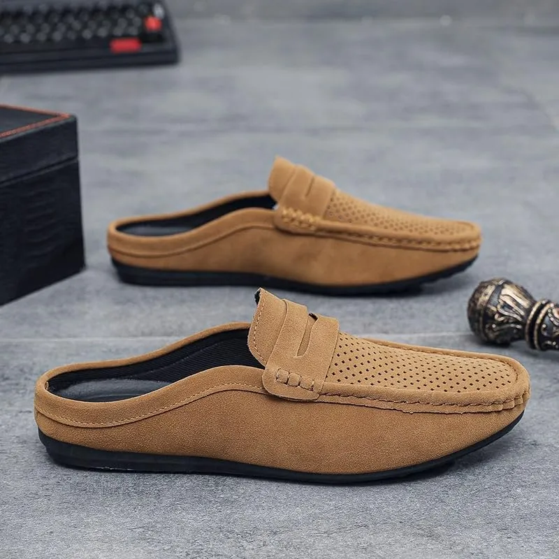 Mens Loafers Suede Vamp Perforated Half Penny Loafers Shoes Comfortable Anti-Slip Flexible Party Slip On