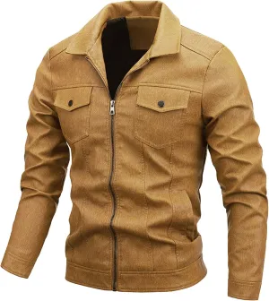 Men's Pocket Leather Jacket Zip-Up Motorcycle Bomber Jackets Vintage Moto Biker PU Coat