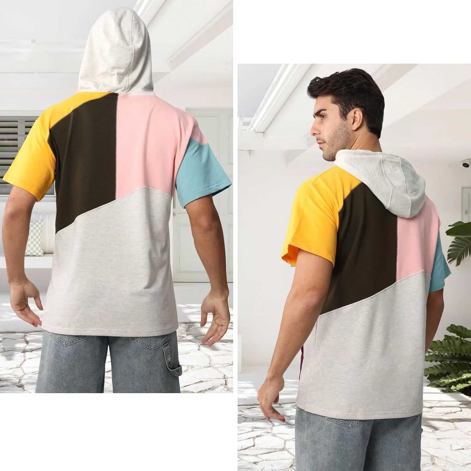 Mens Short Sleeve Hoodie Cotton Color Block T-Shirt Sweatshirt Moisture Wicking Half Sleeve Summer Pullover