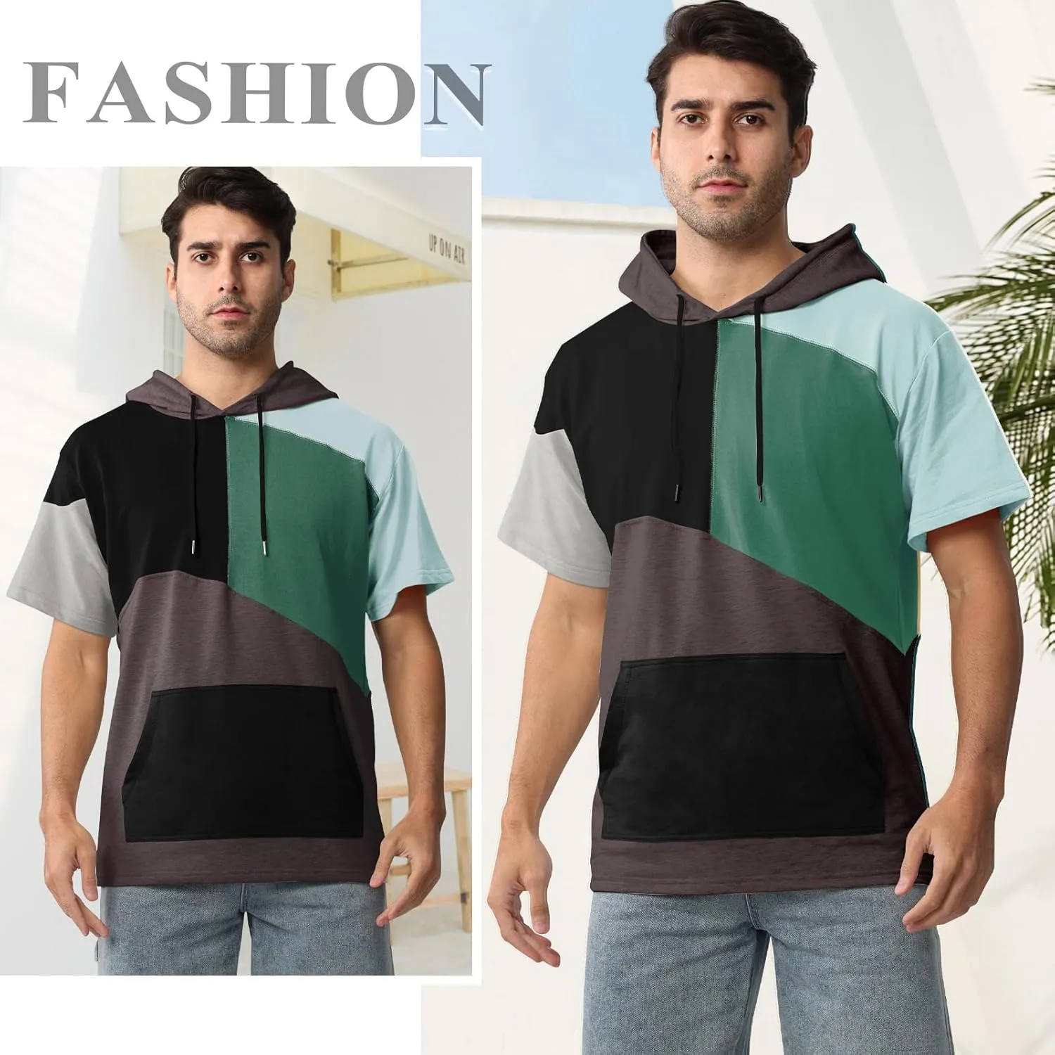 Mens Short Sleeve Hoodie Cotton Color Block T-Shirt Sweatshirt Moisture Wicking Half Sleeve Summer Pullover