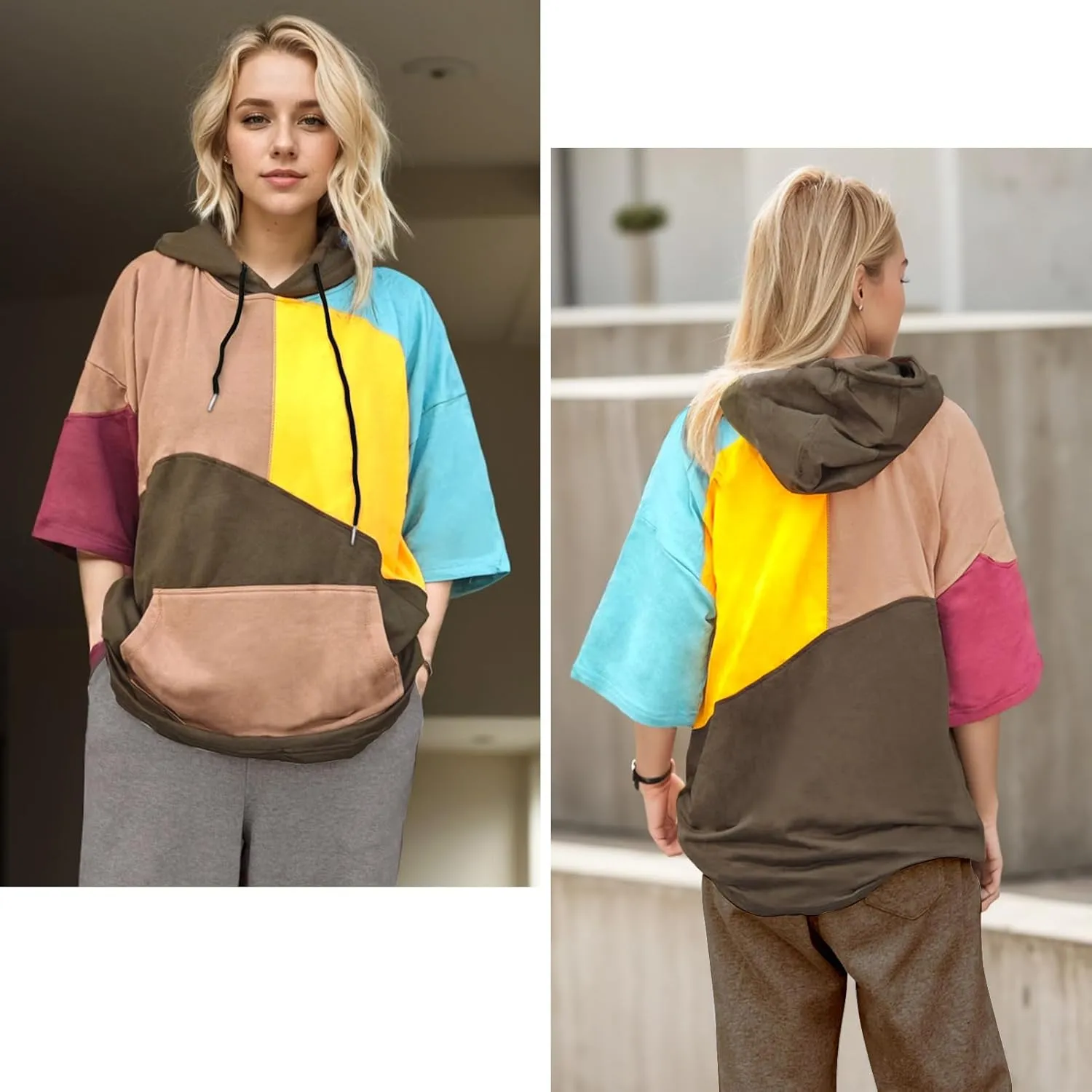 Mens Short Sleeve Hoodie Cotton Color Block T-Shirt Sweatshirt Moisture Wicking Half Sleeve Summer Pullover