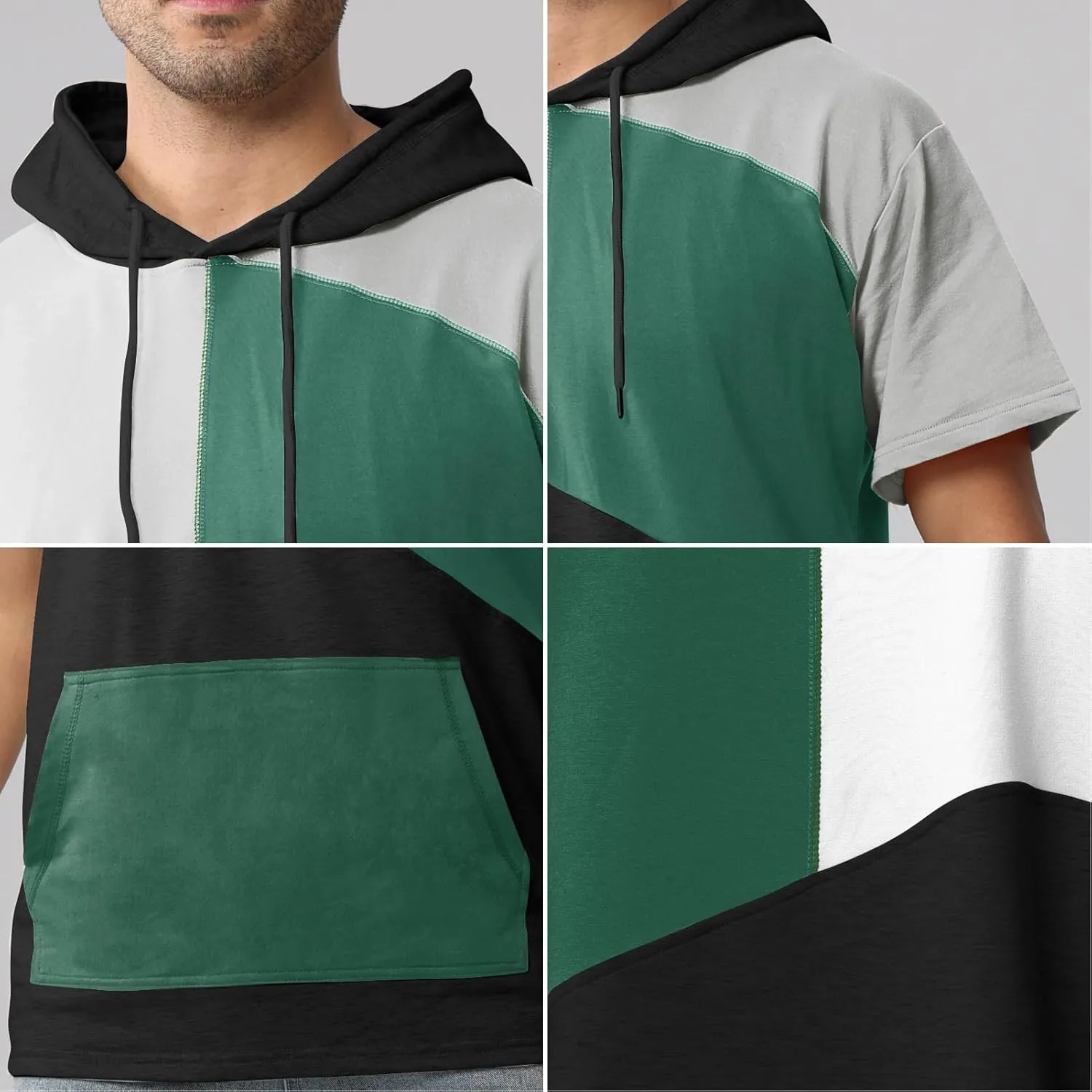 Mens Short Sleeve Hoodie Cotton Color Block T-Shirt Sweatshirt Moisture Wicking Half Sleeve Summer Pullover