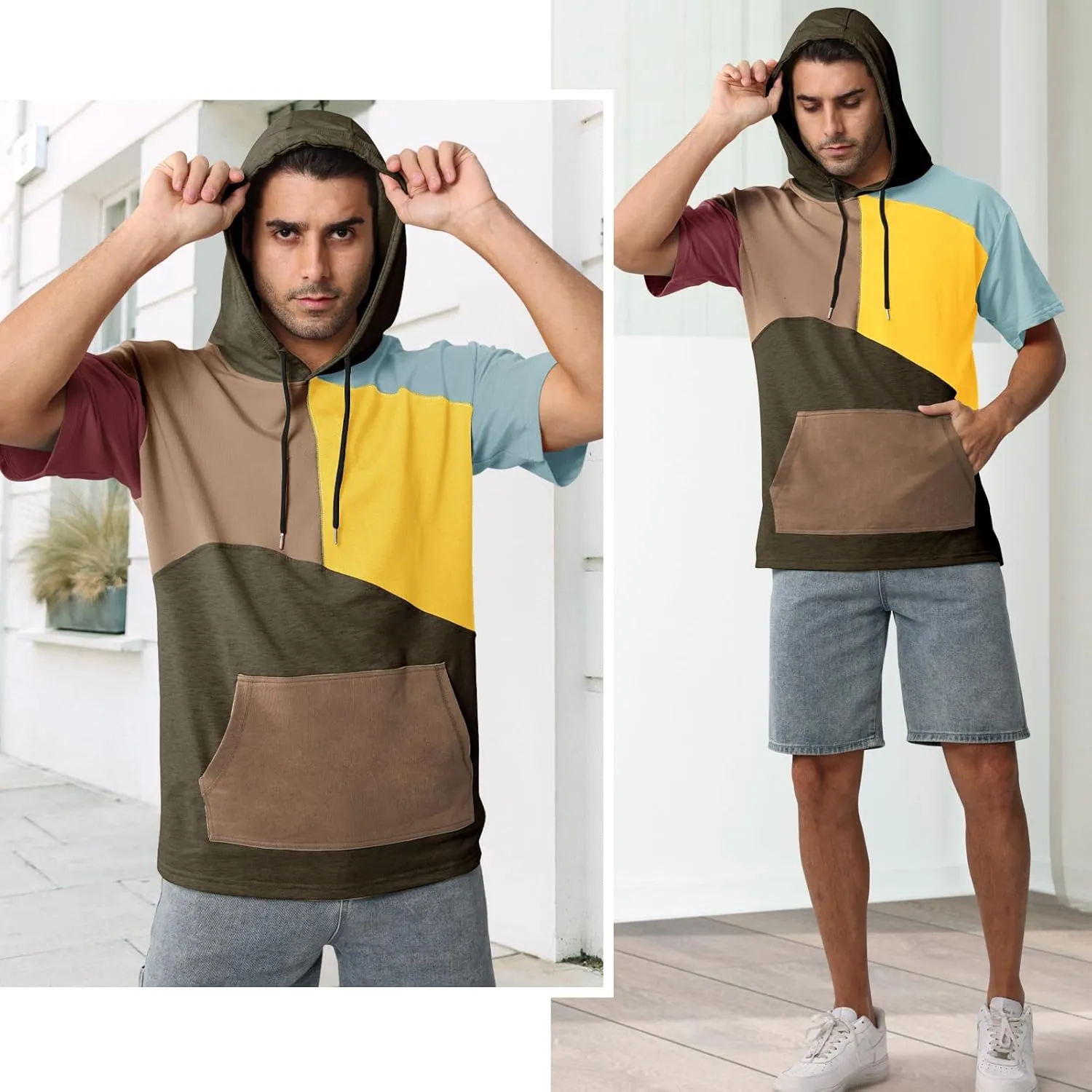 Mens Short Sleeve Hoodie Cotton Color Block T-Shirt Sweatshirt Moisture Wicking Half Sleeve Summer Pullover