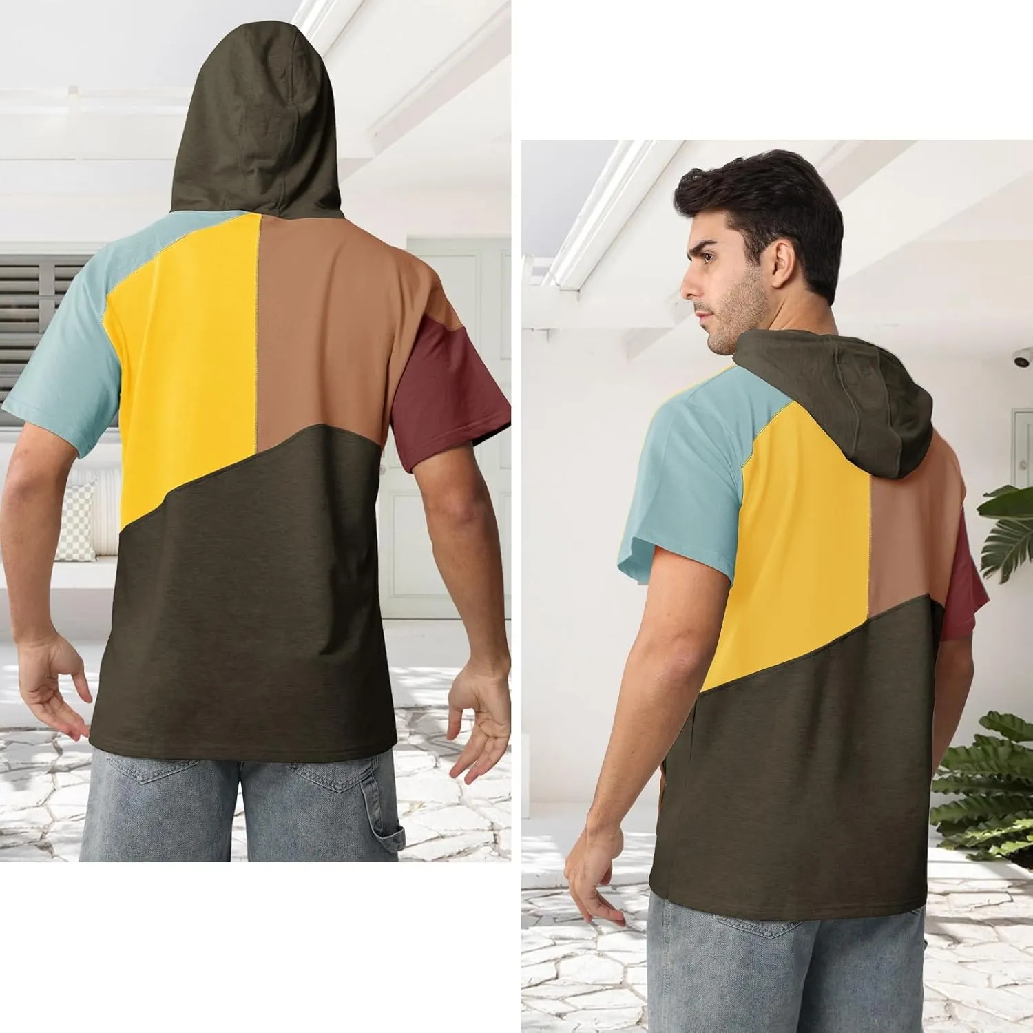 Mens Short Sleeve Hoodie Cotton Color Block T-Shirt Sweatshirt Moisture Wicking Half Sleeve Summer Pullover