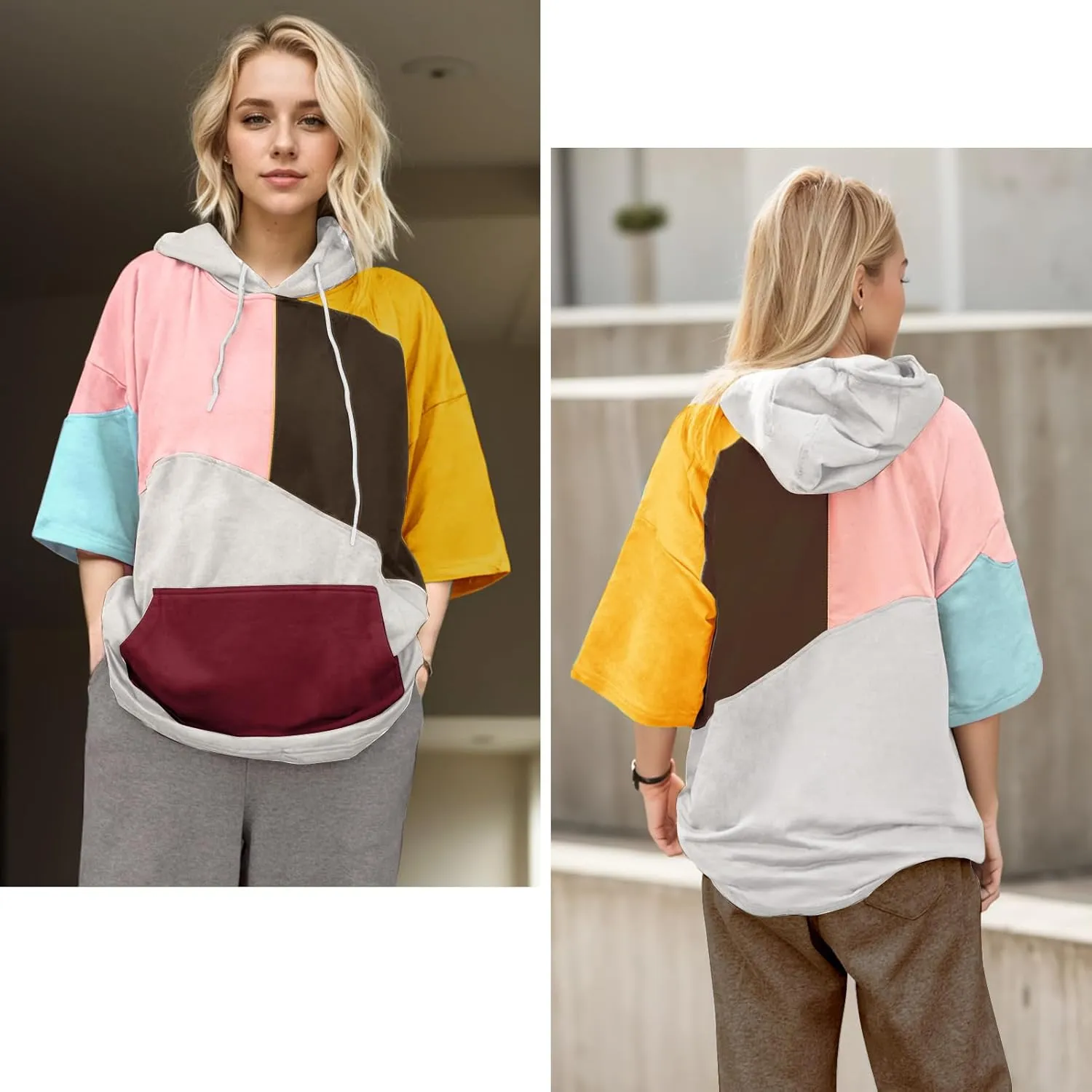 Mens Short Sleeve Hoodie Cotton Color Block T-Shirt Sweatshirt Moisture Wicking Half Sleeve Summer Pullover