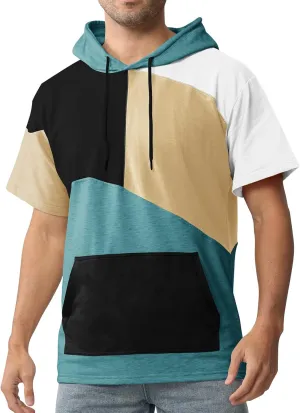 Mens Short Sleeve Hoodie Cotton Color Block T-Shirt Sweatshirt Moisture Wicking Half Sleeve Summer Pullover