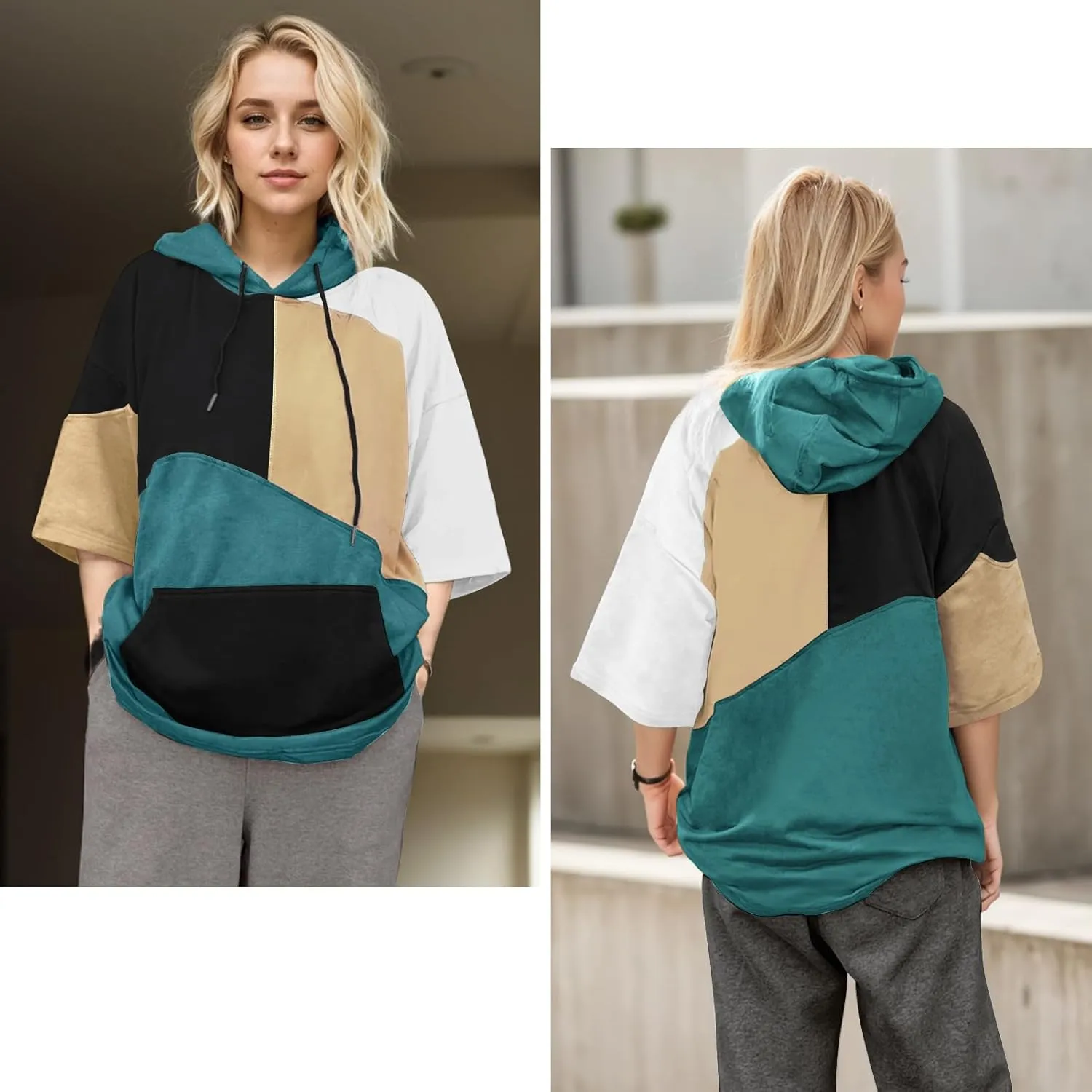 Mens Short Sleeve Hoodie Cotton Color Block T-Shirt Sweatshirt Moisture Wicking Half Sleeve Summer Pullover