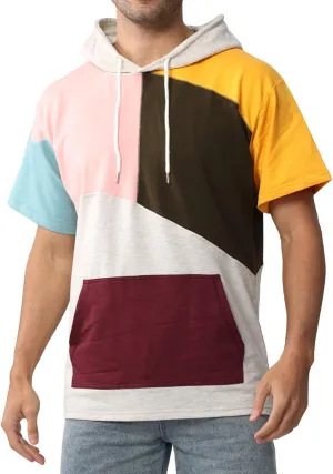 Mens Short Sleeve Hoodie Cotton Color Block T-Shirt Sweatshirt Moisture Wicking Half Sleeve Summer Pullover