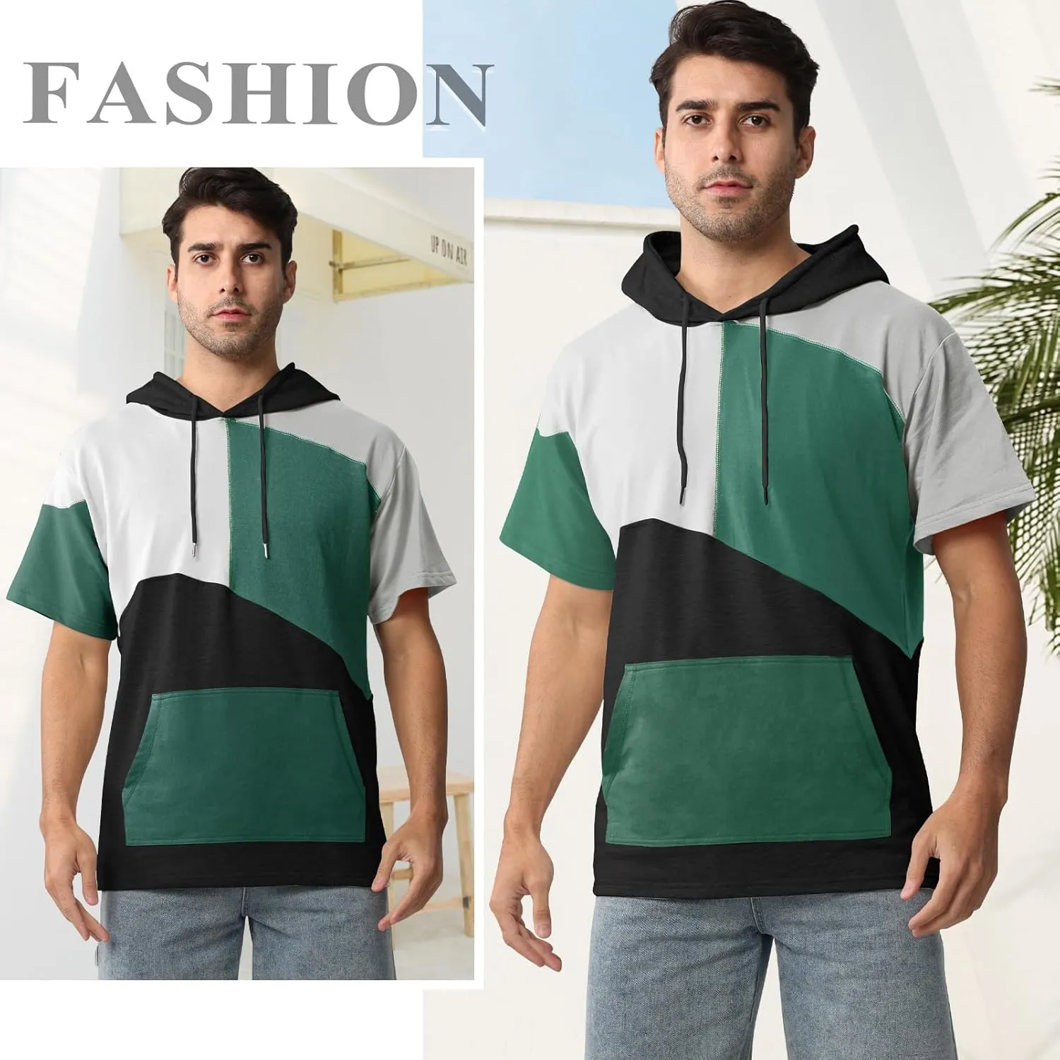 Mens Short Sleeve Hoodie Cotton Color Block T-Shirt Sweatshirt Moisture Wicking Half Sleeve Summer Pullover