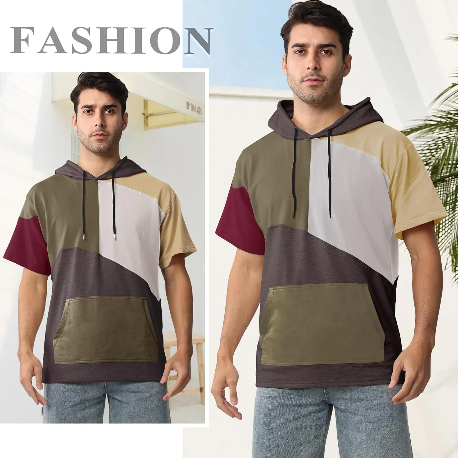 Mens Short Sleeve Hoodie Cotton Color Block T-Shirt Sweatshirt Moisture Wicking Half Sleeve Summer Pullover