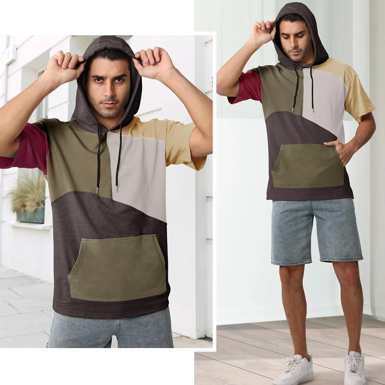 Mens Short Sleeve Hoodie Cotton Color Block T-Shirt Sweatshirt Moisture Wicking Half Sleeve Summer Pullover