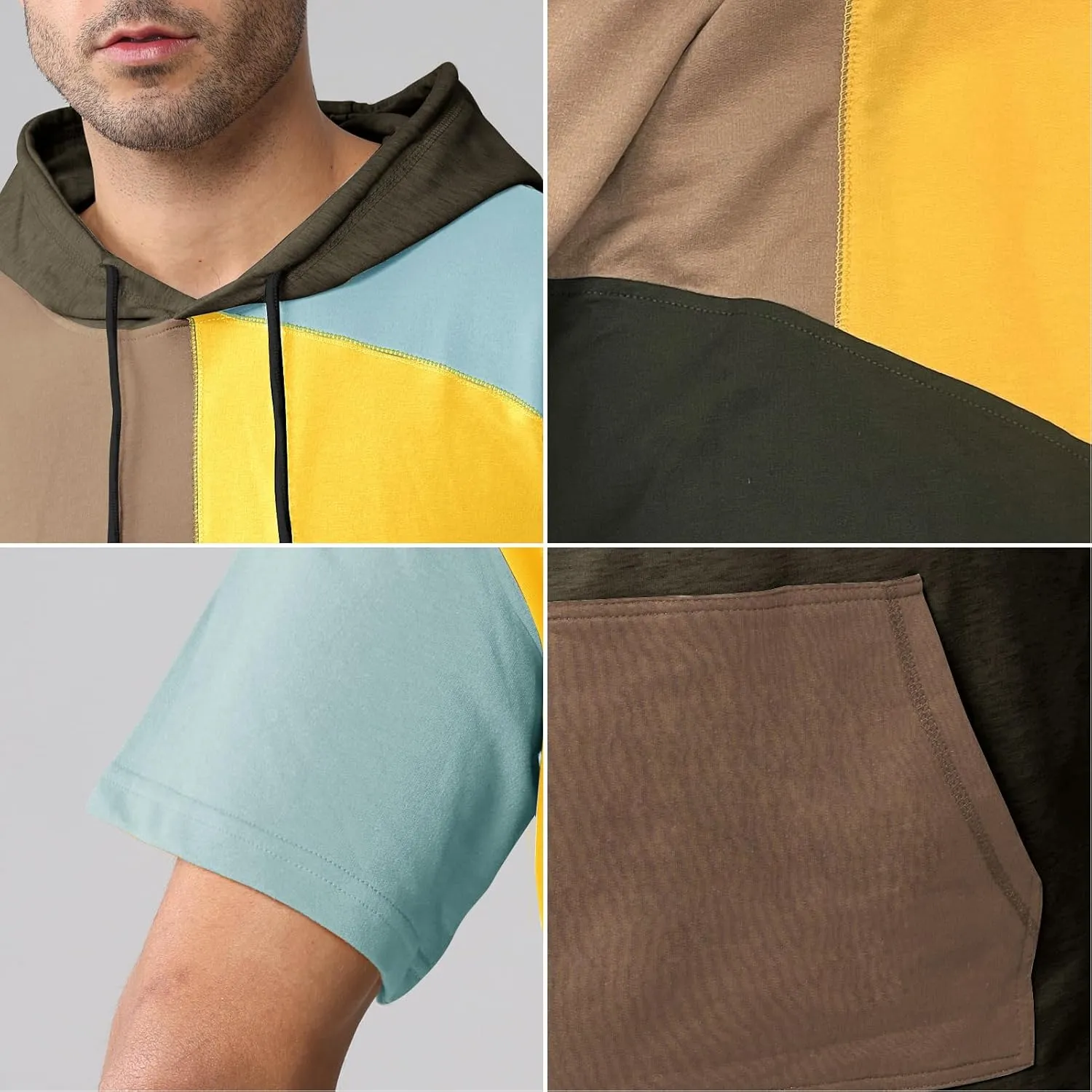 Mens Short Sleeve Hoodie Cotton Color Block T-Shirt Sweatshirt Moisture Wicking Half Sleeve Summer Pullover